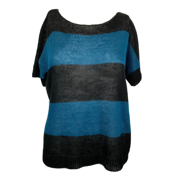 Theory Sweater Womens Sz S Blue Black Striped Linen Short Sleeved Lightweight - Picture 1 of 8